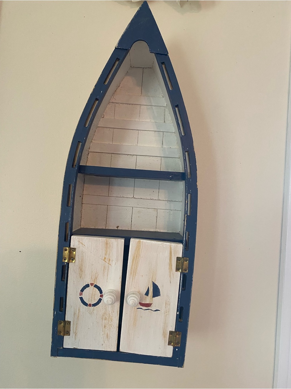Source Unknown Blue & White Boat-Shaped Wall Shelf Cabinet
